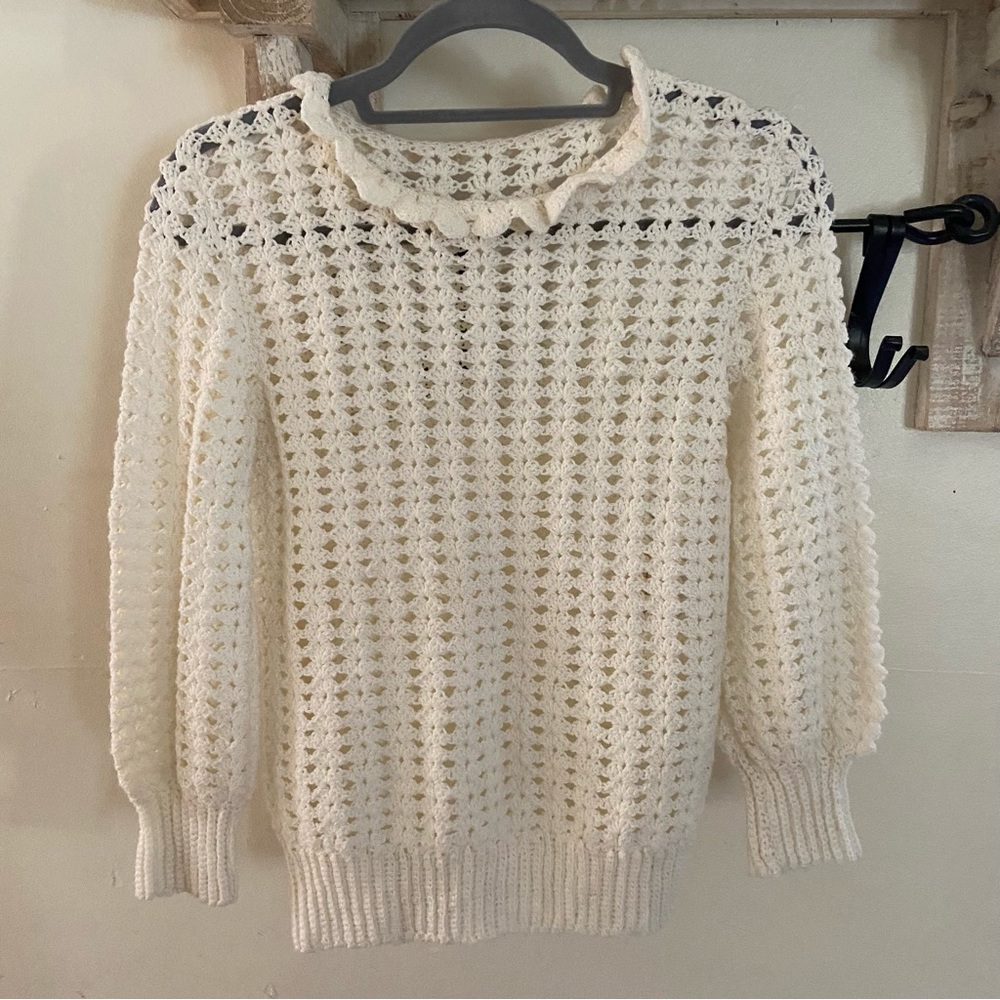 Vintage crochet handmade white ruffle neck sweater - Picture 1 of 5
